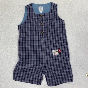 Vintagee Gap 90’s RuffWear white and navy Blue Plaid Romper Set 12/18m
